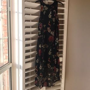 Black Floral Print hi-lo hem sleeveless dress